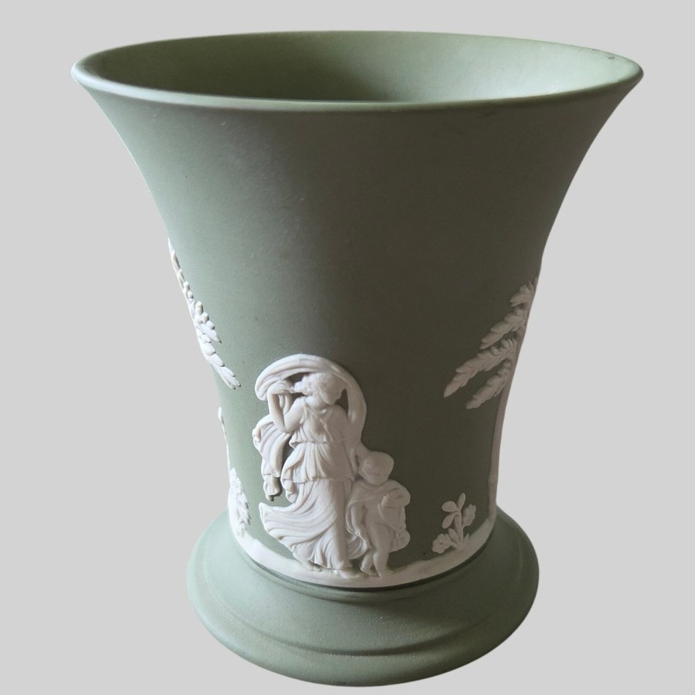 Wedgwood Sage Green Jasperware Flared Footed Vase Vintage 1964 Made in England